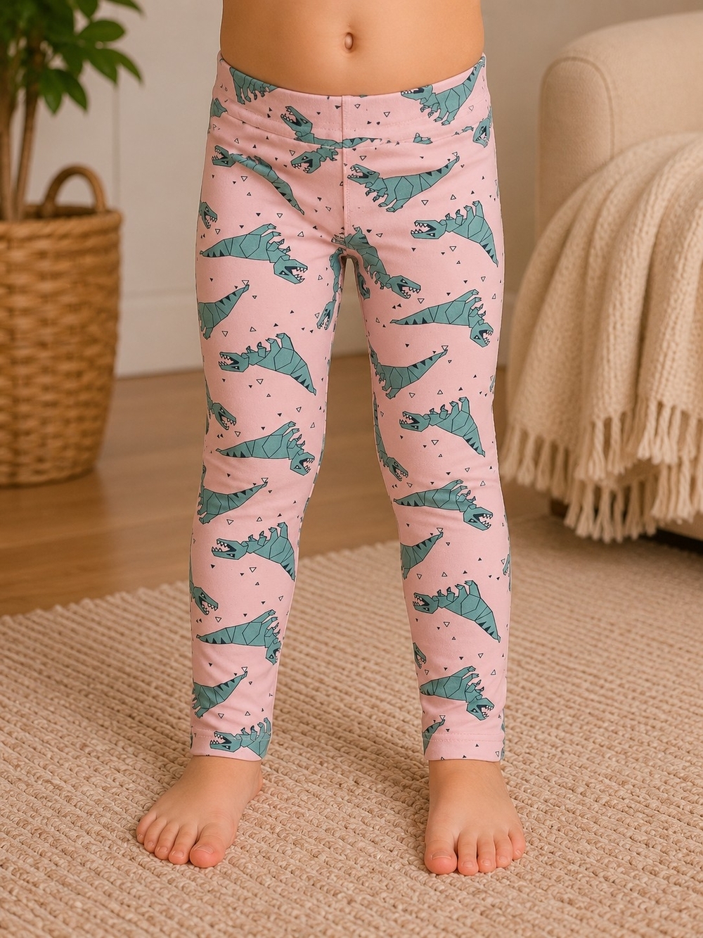 💜LuLaRoe Kids S/M Pink Green Dinosaur Print Soft Stretch Leggings Size 4/5